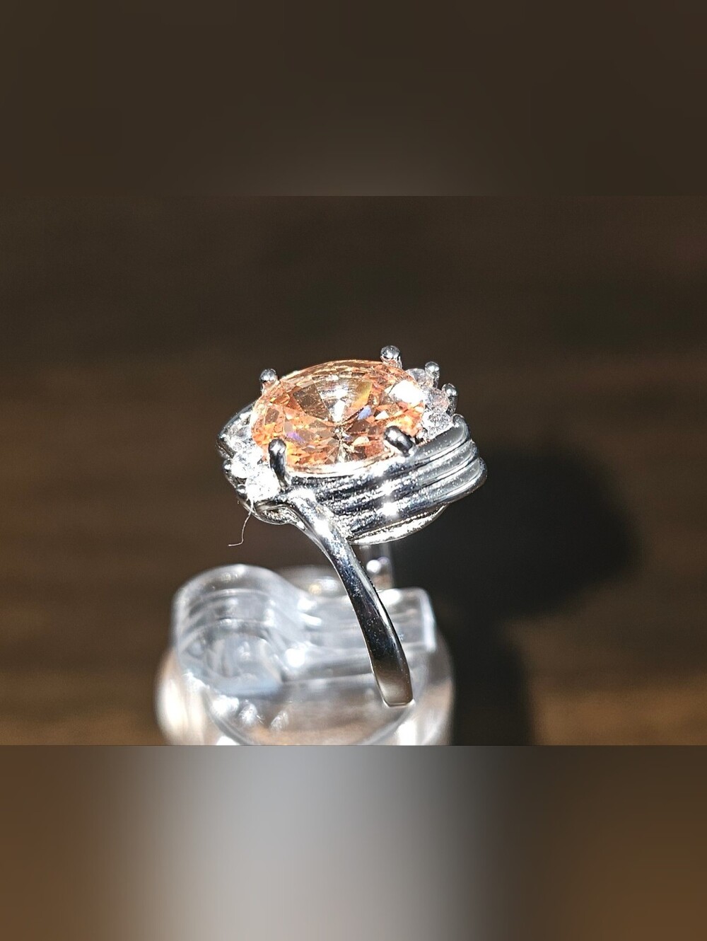 Vintage Champagne & White Cubic Zirconia Rhodium ? Sterling Plated Ring Size 6